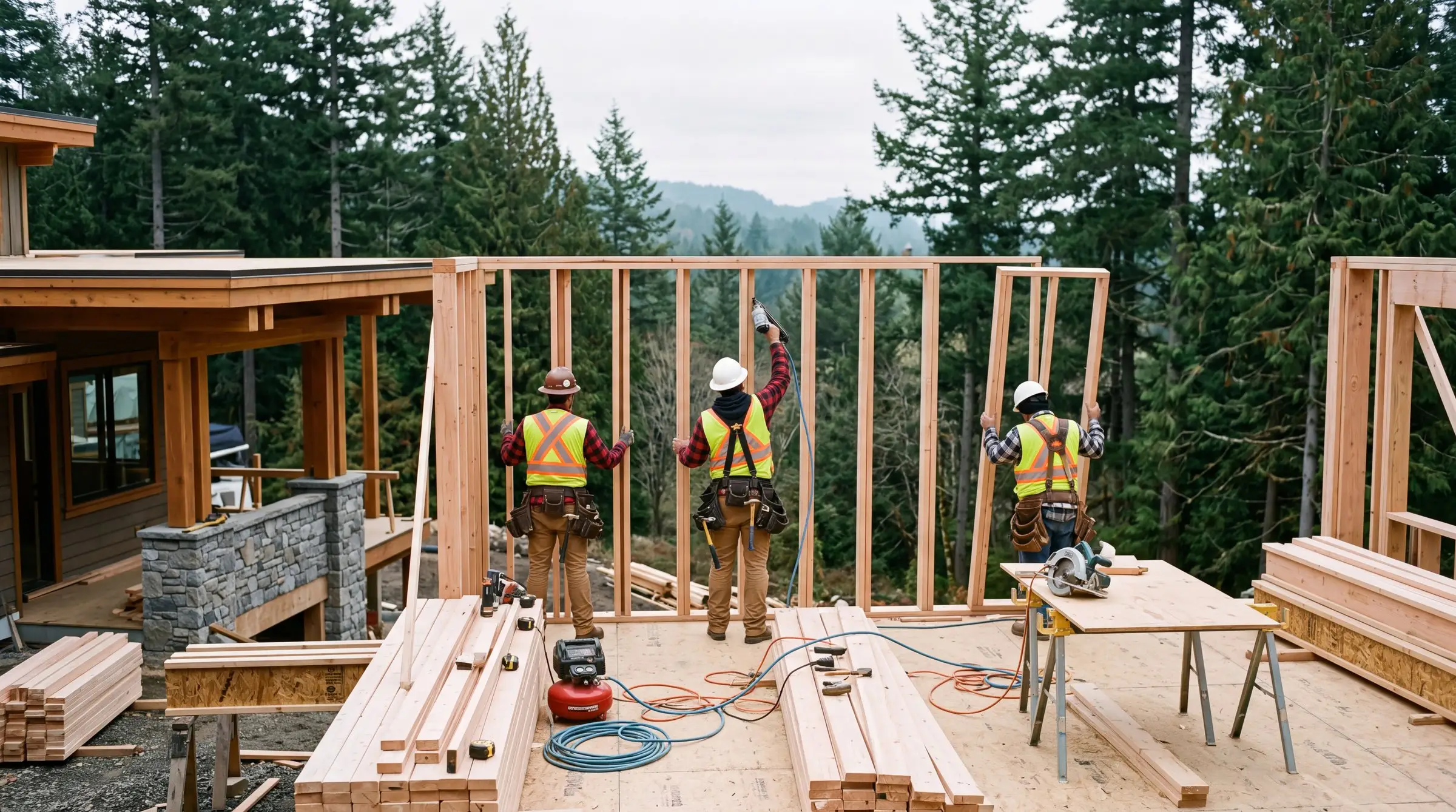 Framing crew raising a stud wall on a custom home site among evergreens in the South Sound