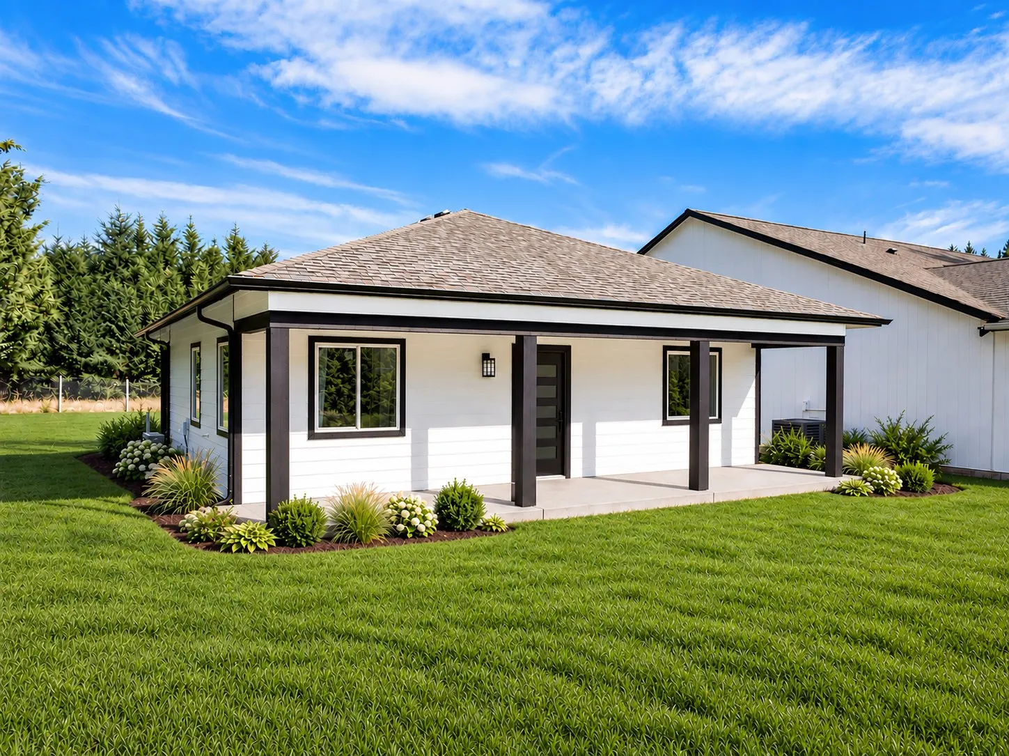 White detached ADU with a hip roof, covered porch, and fresh landscaping, built by Doyle Construction