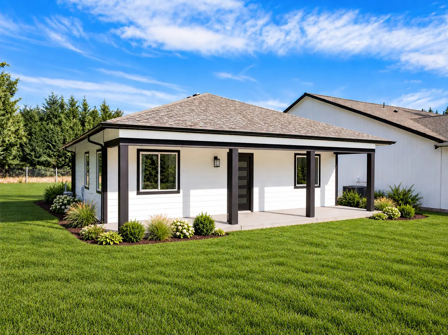 White detached ADU with a hip roof, covered porch, and fresh landscaping, built by Doyle Construction