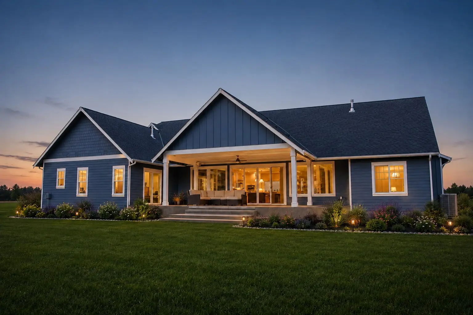 Back of the Birchfield custom home at dusk with a covered patio and new landscaping