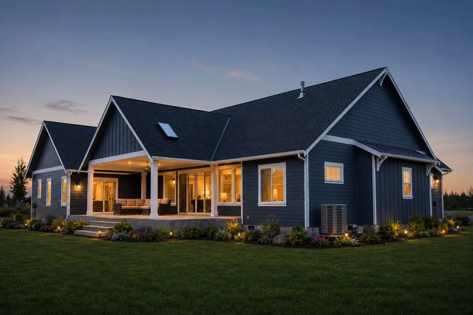 Rear corner of the Birchfield custom home showing the covered outdoor living area at dusk