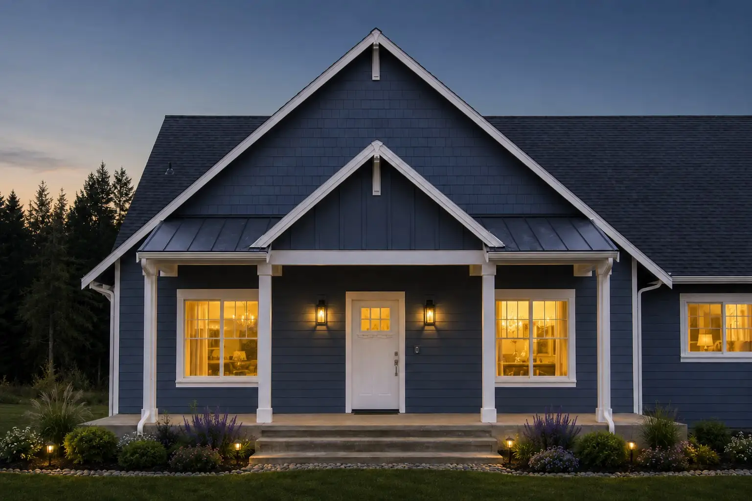 Craftsman entry porch of the Birchfield custom home with landscape lighting at dusk