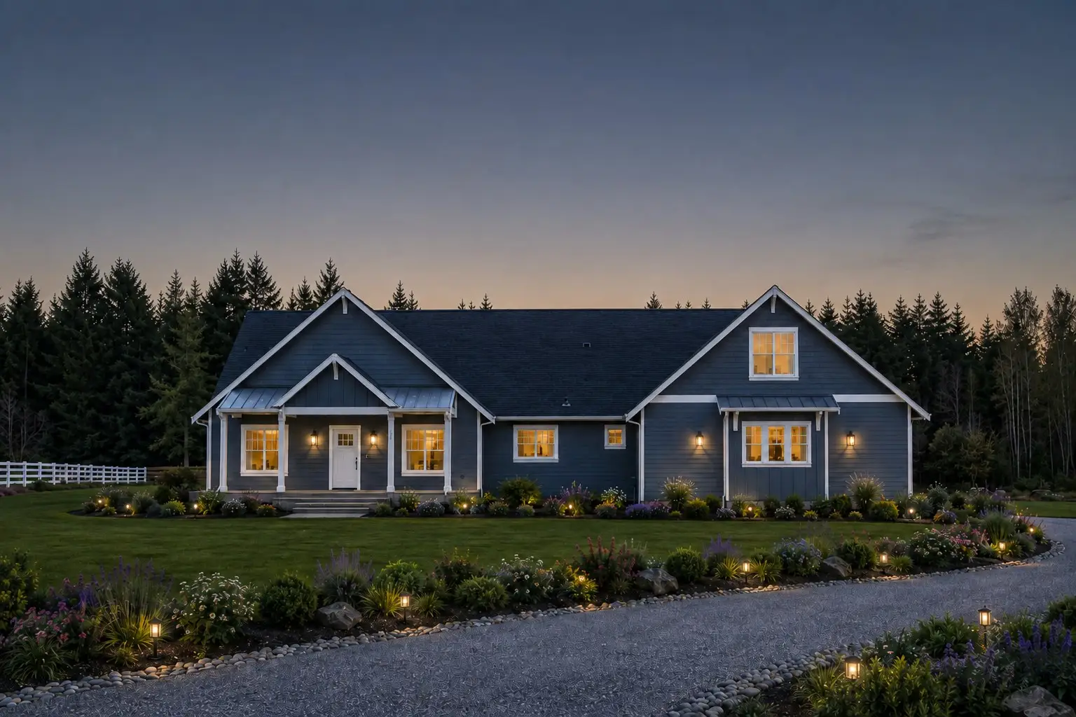 Front elevation of the Birchfield custom home at dusk with a gravel drive and landscape lighting