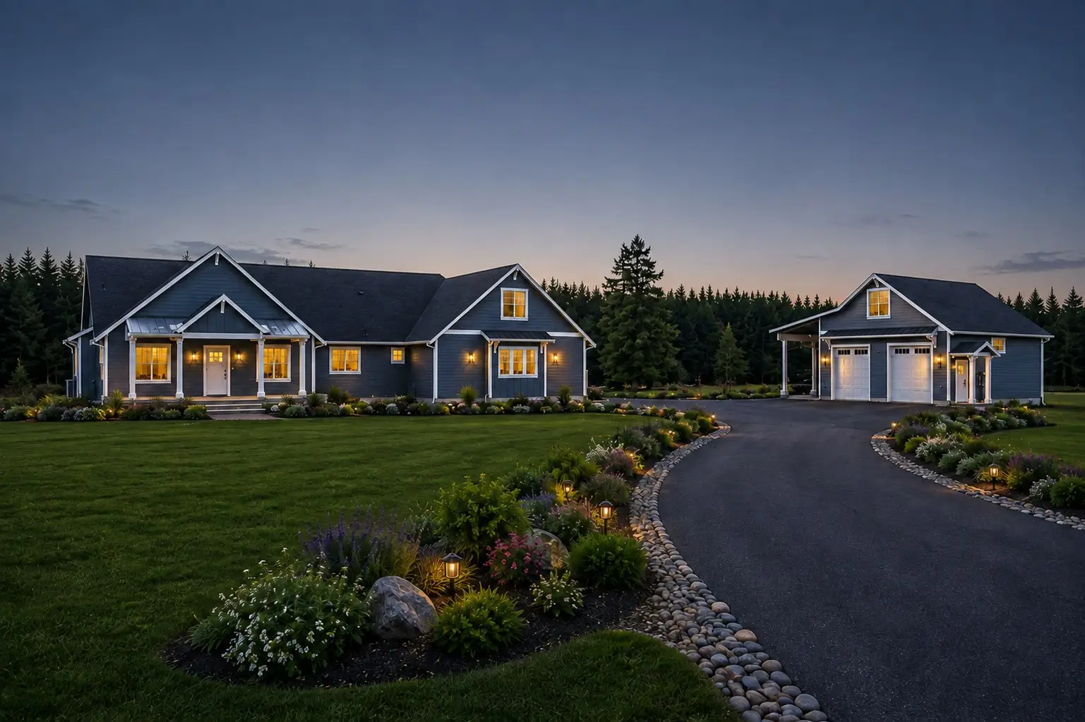Birchfield custom home and detached garage at dusk with a landscaped front drive, built by Doyle Construction