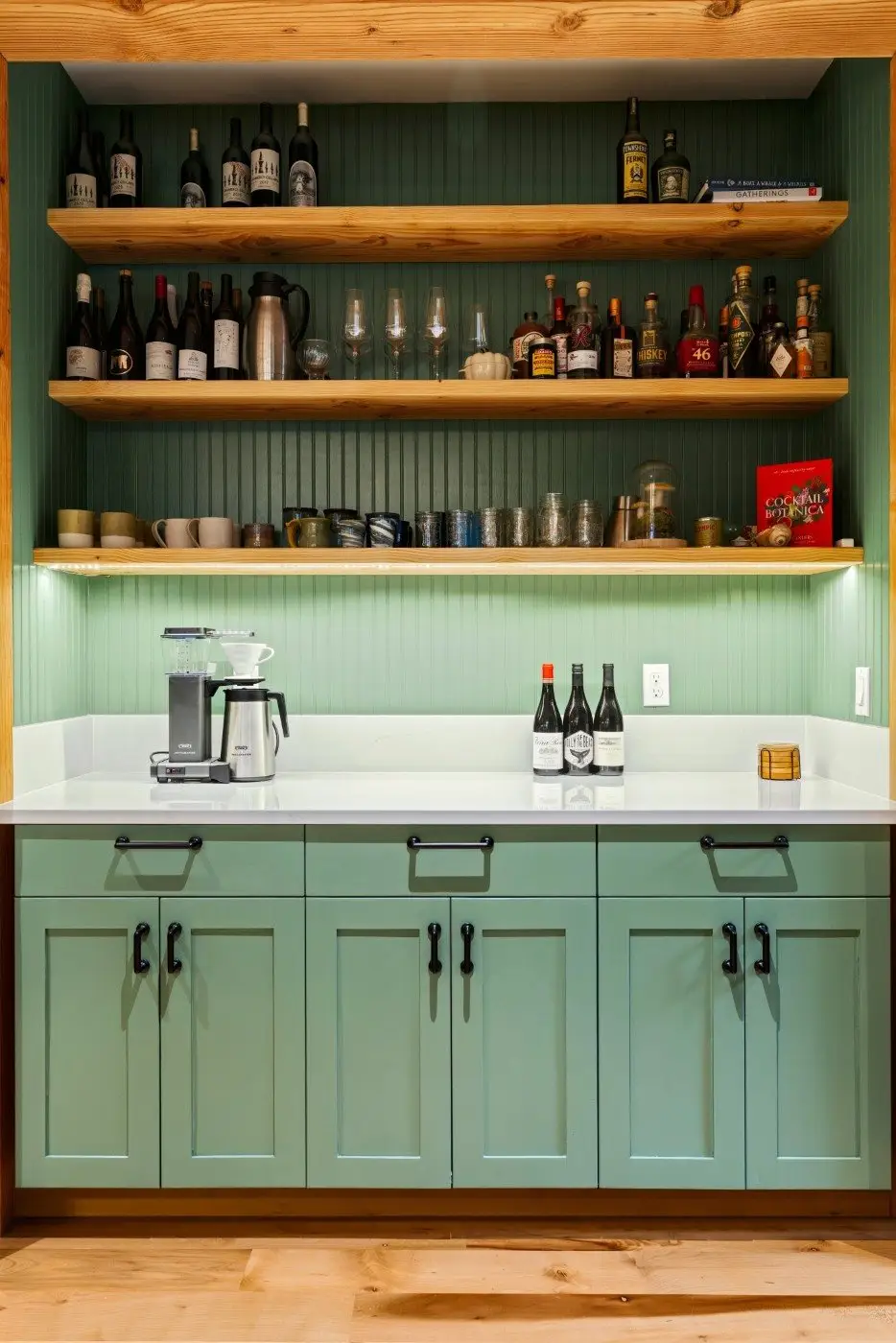 A kitchen nook with light green cabinets, white countertop, coffee maker, mugs, and open wooden shelves holding bottles, glasses, spices, and decor against a green beadboard wall.