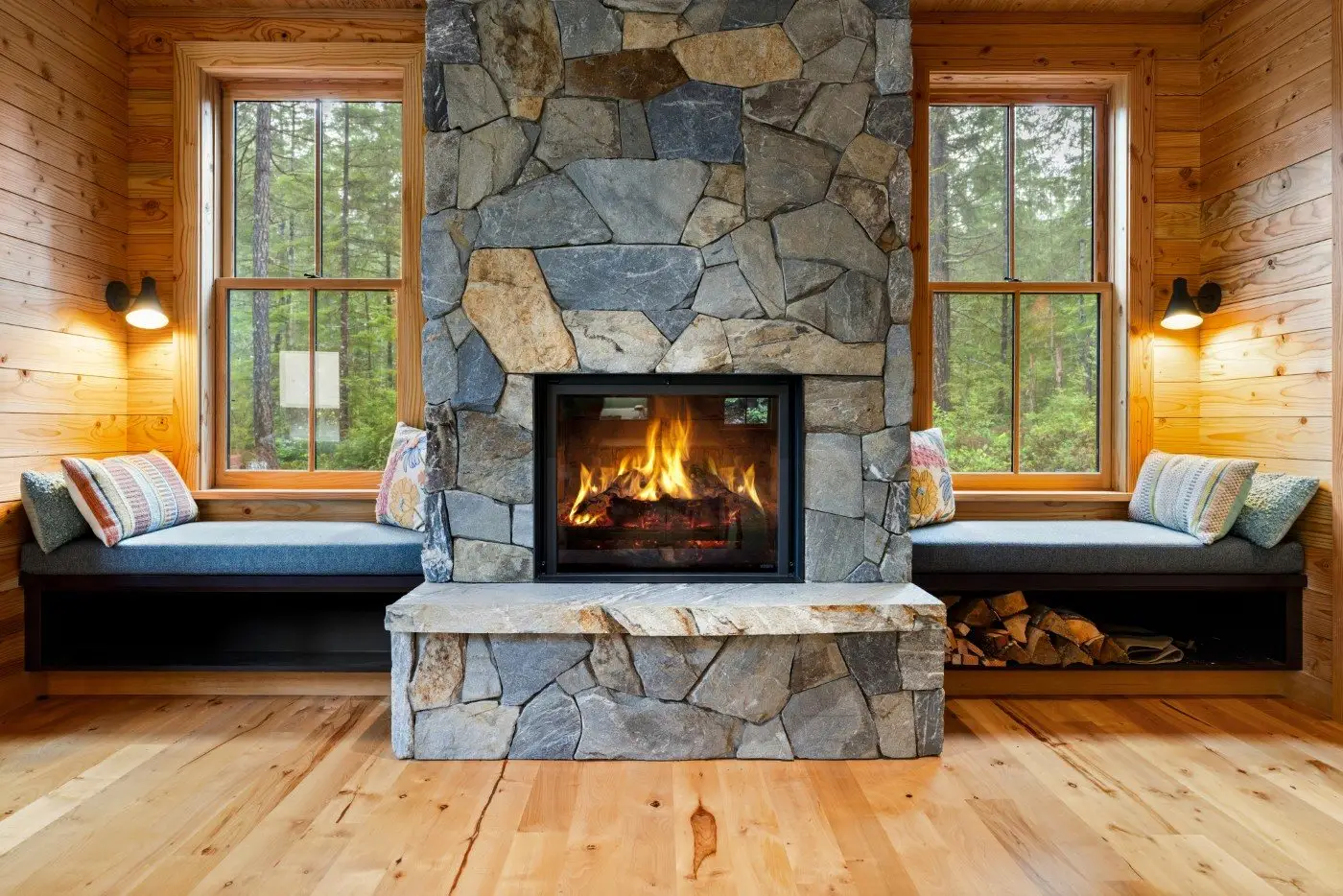 Stone fireplace with a lit fire between two windows at the Hatchery Lake Custom Cabin by Doyle Construction