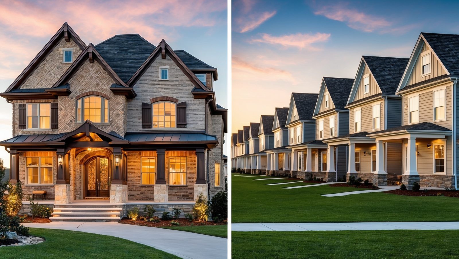 On the left, a large, beautifully lit modern custom built house with stone and brick exterior, a manicured lawn, and evening sky. On the right, a row of production homes.