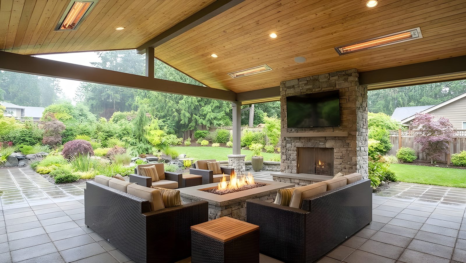 Covered patio with a modern fireplace, TV, and wicker seating around a fire pit—perfect for relaxing and comparing Custom vs Production Homes—overlooking a landscaped backyard with lush grass, trees, shrubs, and stone tile flooring.