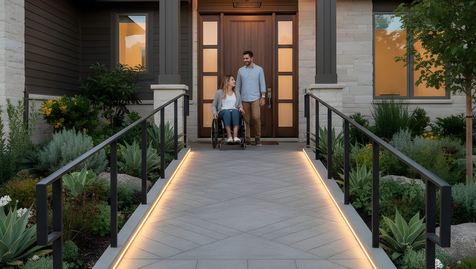 A woman in a wheelchair and a man stand at the top of a ramp leading to the front door of a modern house, showcasing how Custom vs Production Homes can impact accessible design, surrounded by landscaped plants and pathway lighting.
